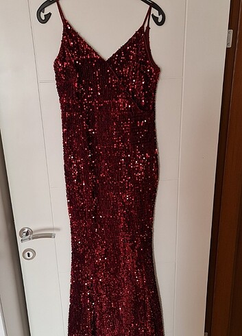 Bordo payetli abiye elbise