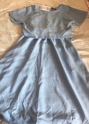 Mavi Keten elbıse belı lastıklı rahat kesım - Görsel 2