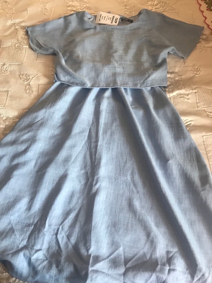 Mavi Keten elbıse belı lastıklı rahat kesım - Görsel 2