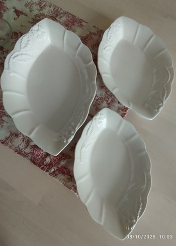 Beyaz Desenli 3'lü Seramik Servis Tabağı
