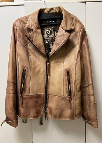 xl Beden DERİMOD Vintage Kahverengi Parlak Deri Biker Ceket