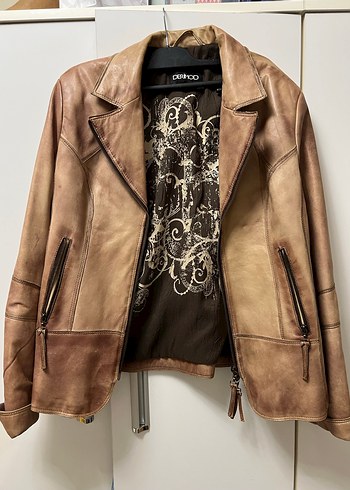 DERİMOD Vintage Kahverengi Parlak Deri Biker Ceket