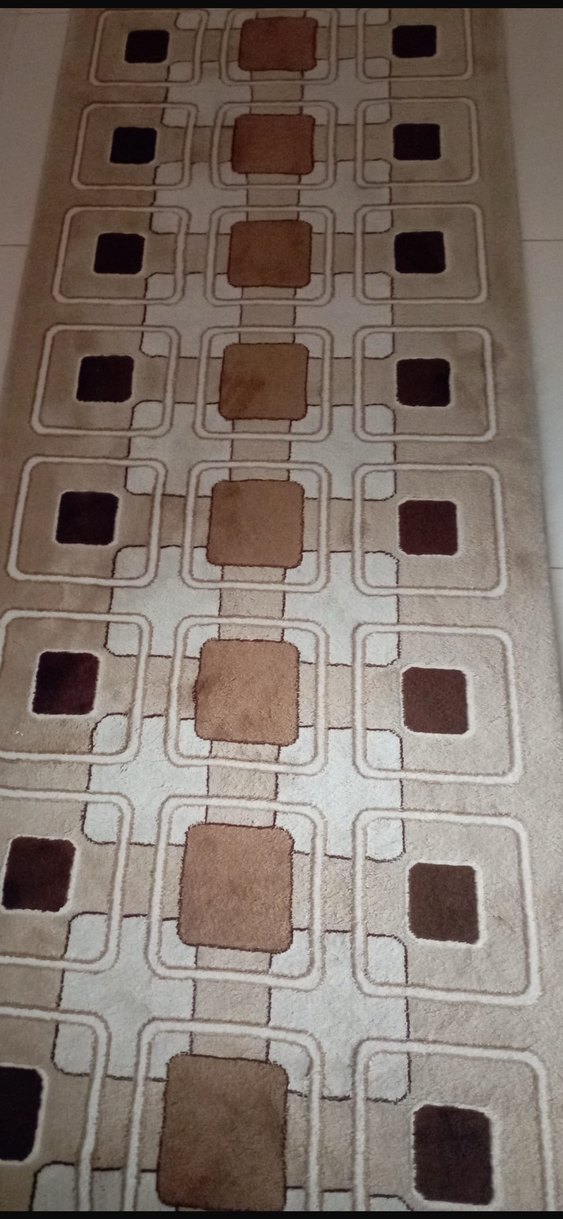 Bej Kare Desenli  yün halı yolluk - Görsel 2