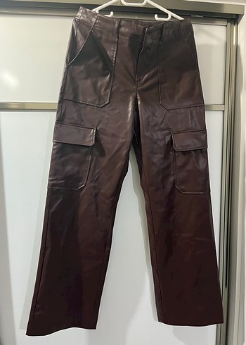 Kahverengi Deri Kadın Düz Paça Pantolon - Görsel 6