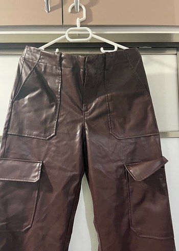 Kahverengi Deri Kadın Düz Paça Pantolon - Görsel 3