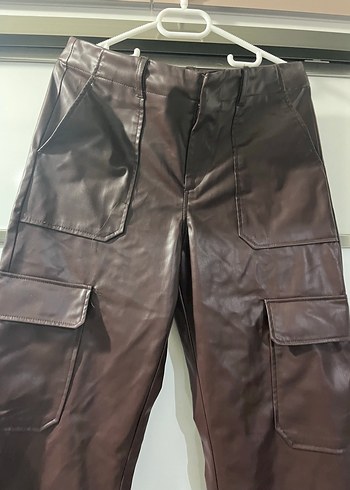 Kahverengi Deri Kadın Düz Paça Pantolon - Görsel 4