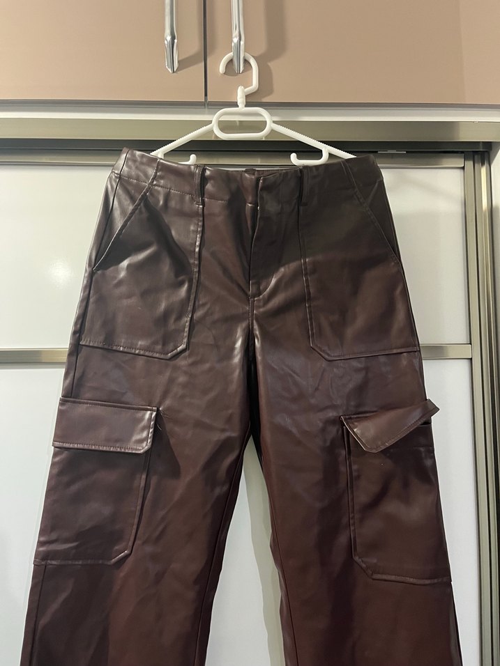 Kahverengi Deri Kadın Düz Paça Pantolon - Görsel 2