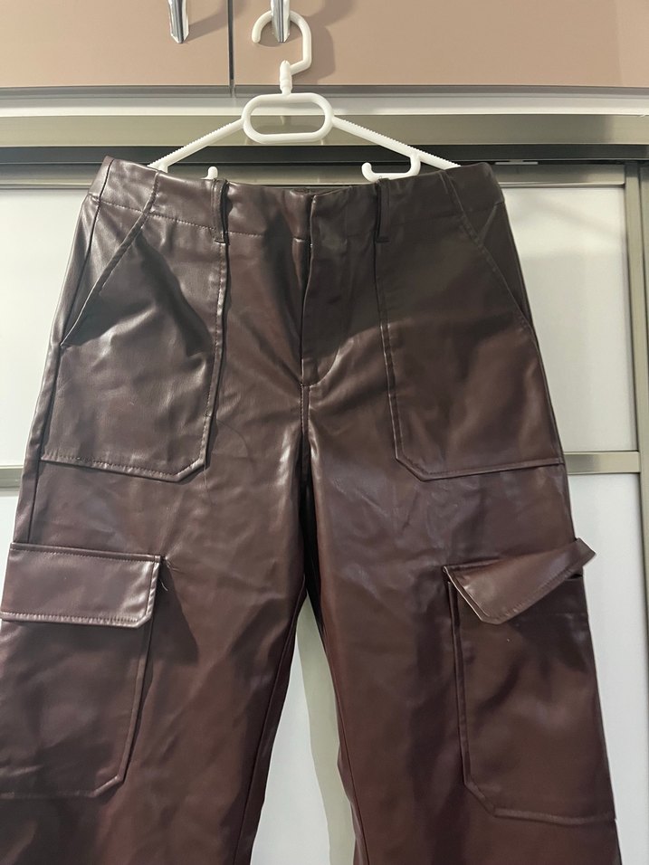 Kahverengi Deri Kadın Düz Paça Pantolon - Görsel 3