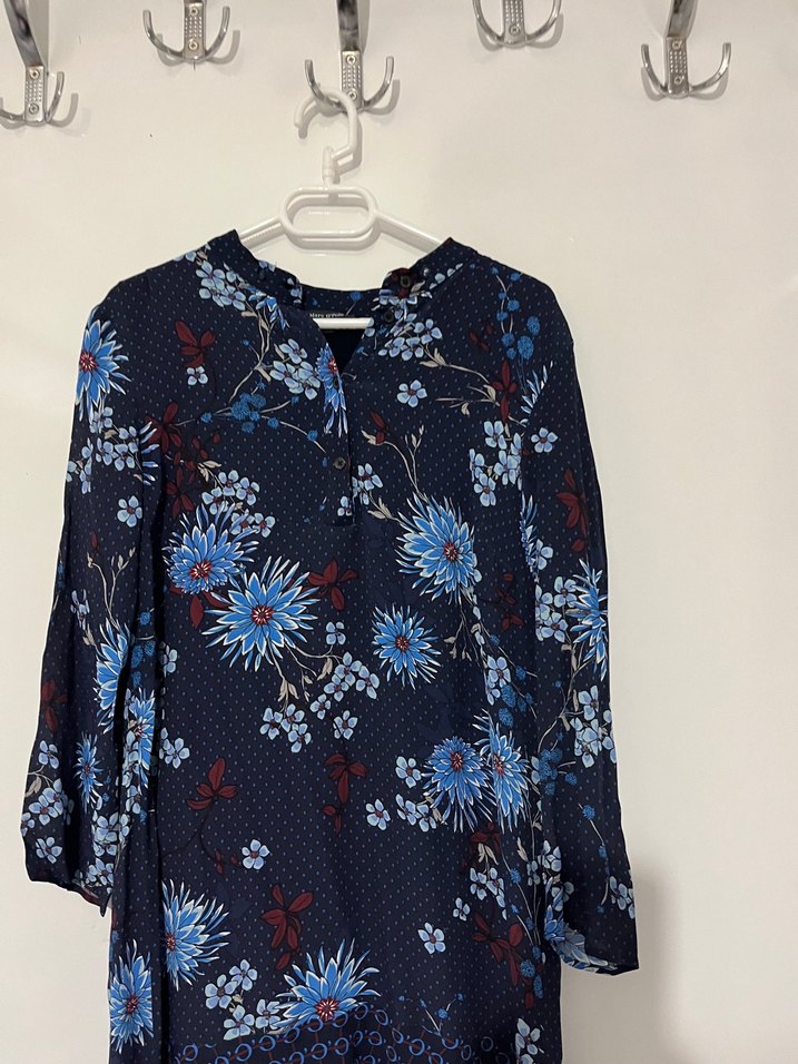 Uzun Kol V Yaka Lacivert Bohem Tunik - Görsel 3