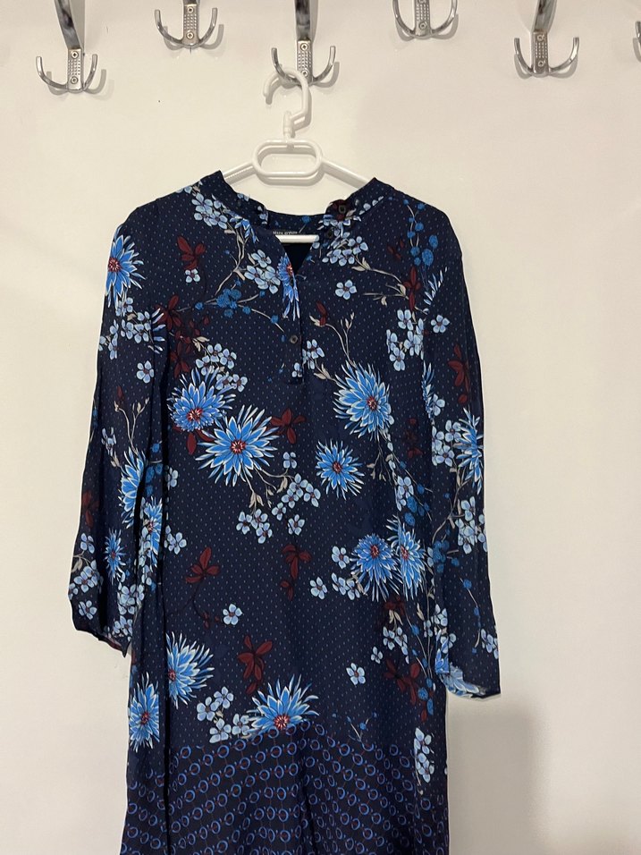 Uzun Kol V Yaka Lacivert Bohem Tunik - Görsel 5