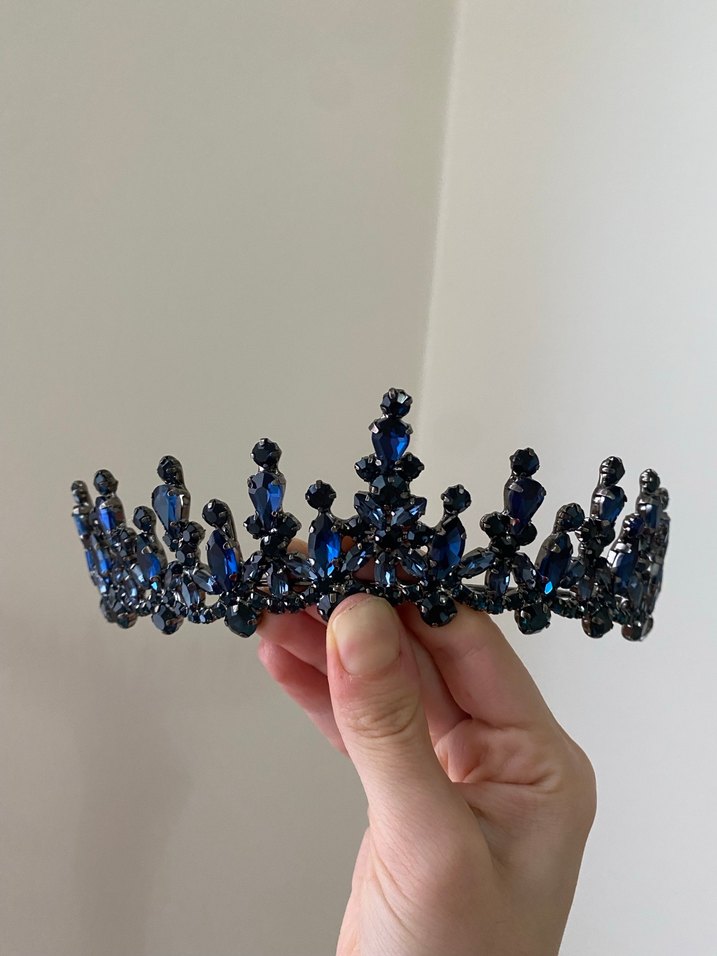 Lacivert Parlak Taşlı Gotik Tac ve Küpe Seti - Görsel 3