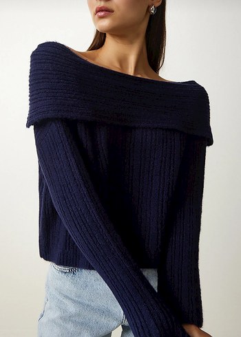 Kadın Lacivert Triko Kayık Yaka Kazak - Görsel 2