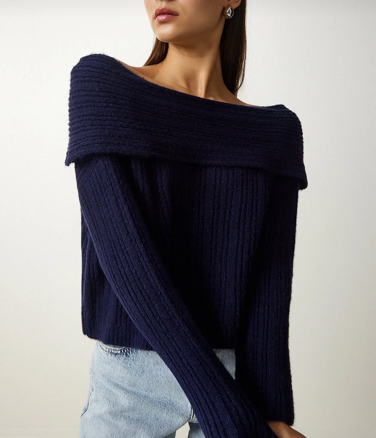 Kadın Lacivert Triko Kayık Yaka Kazak - Görsel 2