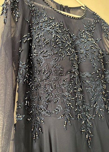 Lacivert Uzun Kollu Abiye Elbise - Görsel 8