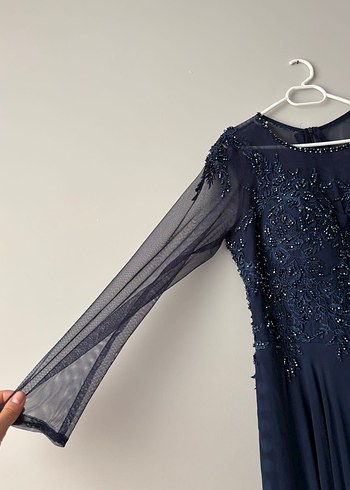 Lacivert Uzun Kollu Abiye Elbise - Görsel 4