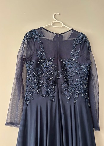 Lacivert Uzun Kollu Abiye Elbise - Görsel 5