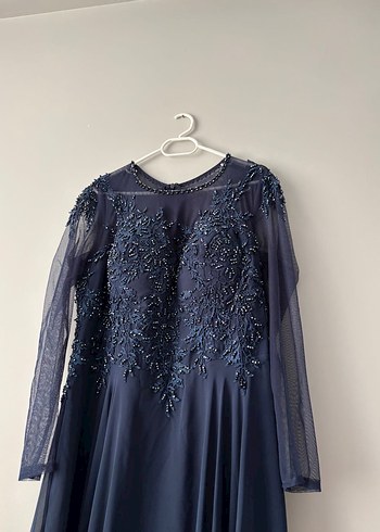 Lacivert Uzun Kollu Abiye Elbise - Görsel 2