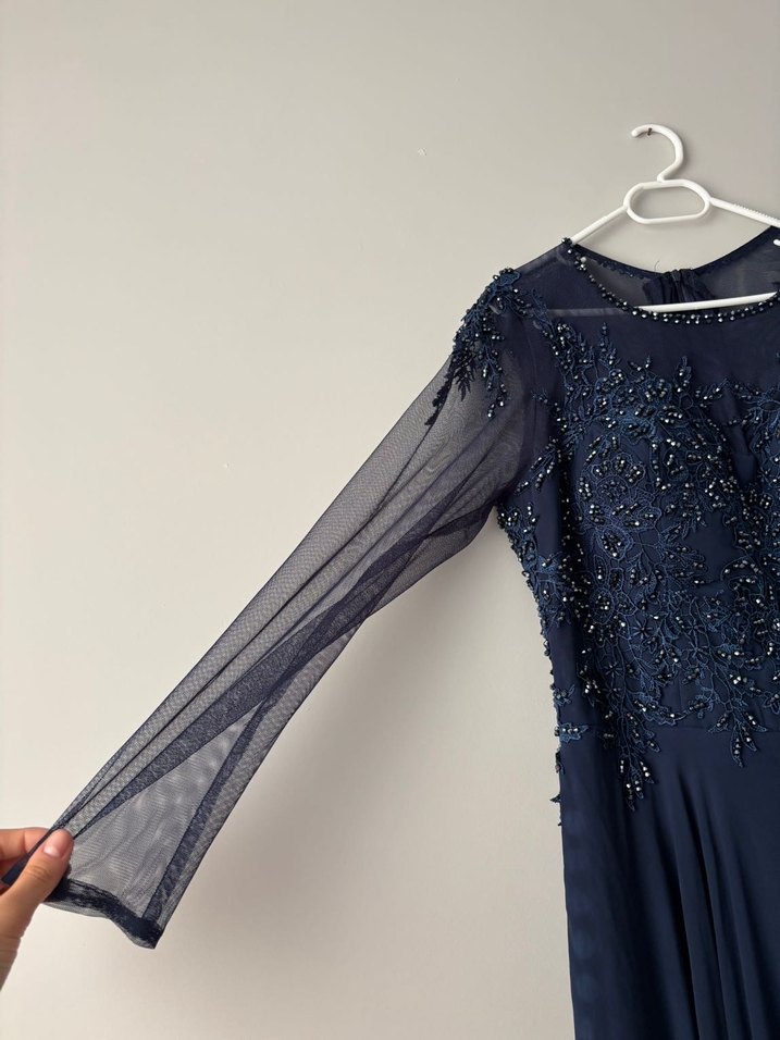 Lacivert Uzun Kollu Abiye Elbise - Görsel 4