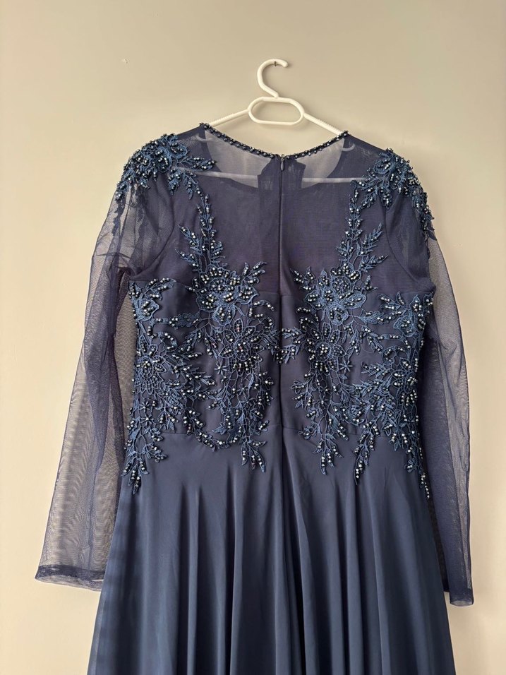 Lacivert Uzun Kollu Abiye Elbise - Görsel 5