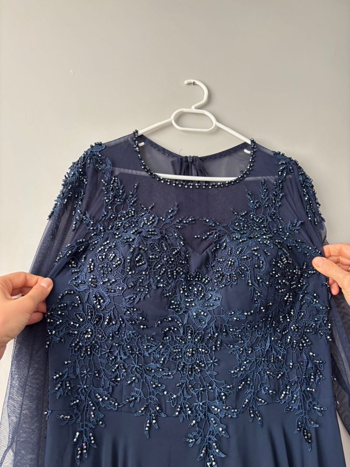 Lacivert Uzun Kollu Abiye Elbise - Görsel 3