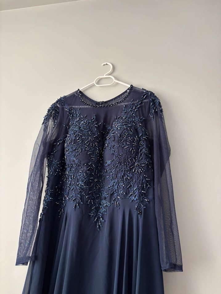 Lacivert Uzun Kollu Abiye Elbise - Görsel 2