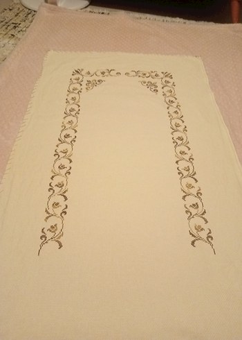 Klasik Nakışlı Bej El Yapımı Seccade krem rengi - Görsel 7