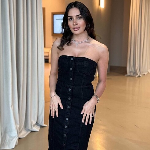 Straplez denim siyah elbise