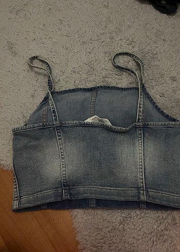Gri Mini Denim Askılı Crop Top - Görsel 2