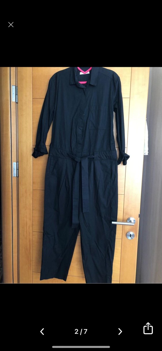 Kadın Siyah Midi Tulum, Kemerli, Uzun Kollu - Görsel 2