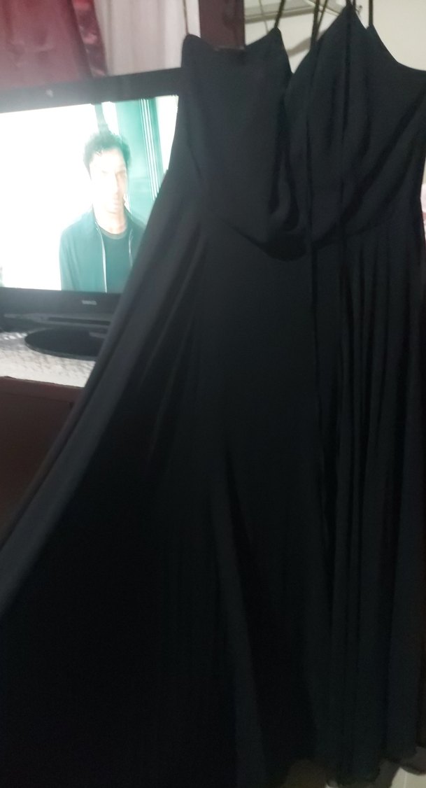 Uzun Siyah V Yakalı Drapeli Kadın gece Elbisesi - Görsel 2