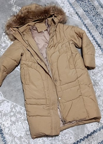 Kürklü Kapüşonlu Bej Kadın Kışlık Mont - Görsel 5