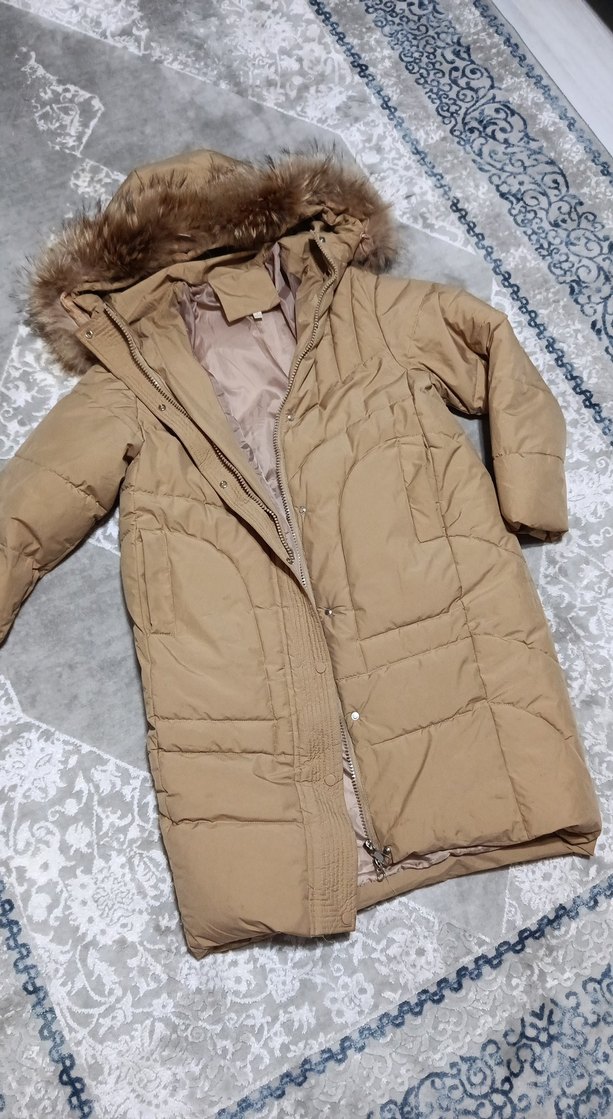 Kürklü Kapüşonlu Bej Kadın Kışlık Mont - Görsel 5