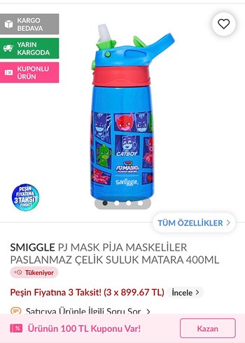Smiggle PJ Maskeli Paslanmaz Çelik Suluk 400ml