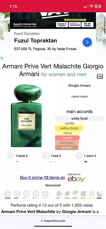  Beden ARMANİ PRİVE VERT MALACHITE 100ml