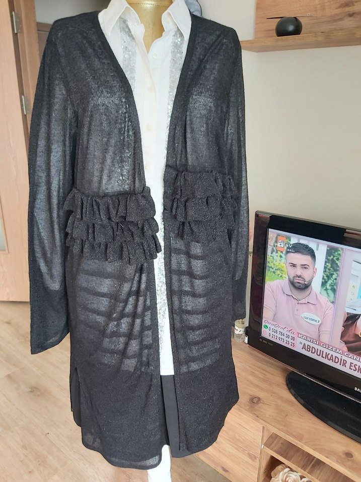 Uzun Siyah Kadın triko Hırka - Görsel 5