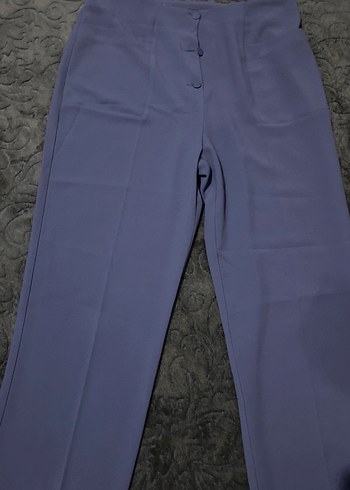 Düğmeli Midi Mavi Kumaş Kadın Pantolon - Görsel 2