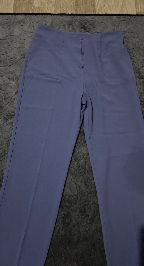 Düğmeli Midi Mavi Kumaş Kadın Pantolon - Görsel 2