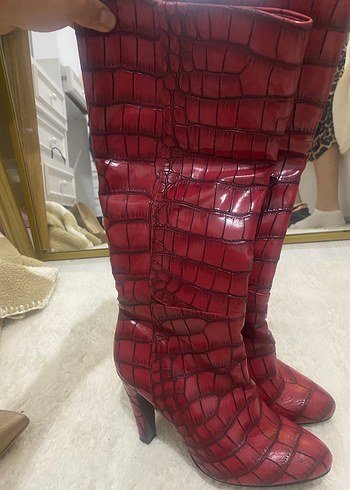 Kırmızı bordo parlak gibi Detaylı Kadın Dizüstü Deri Çizme - Görsel 3