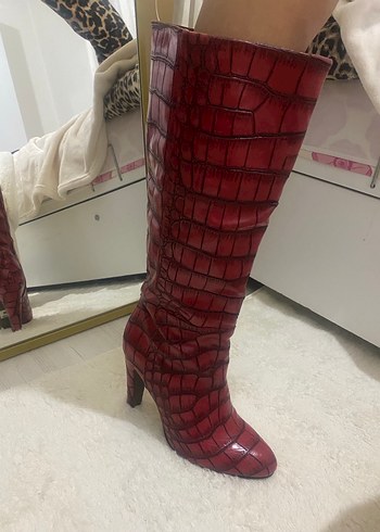 Kırmızı bordo parlak gibi Detaylı Kadın Dizüstü Deri Çizme - Görsel 7