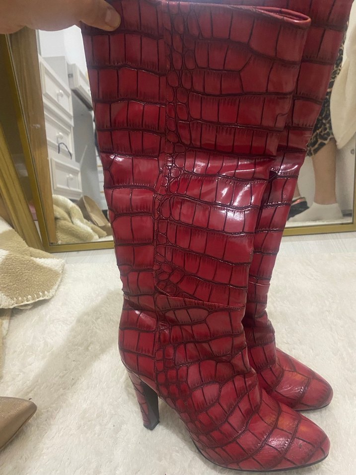 Kırmızı bordo parlak gibi Detaylı Kadın Dizüstü Deri Çizme - Görsel 3