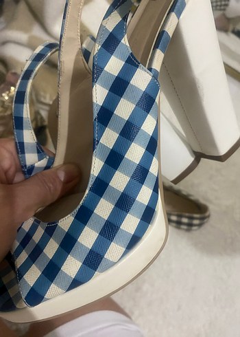 Mavi Kareli Platform Topuklu Kadın Ayakkabı - Görsel 5