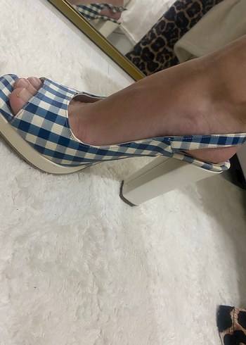 Mavi Kareli Platform Topuklu Kadın Ayakkabı - Görsel 2