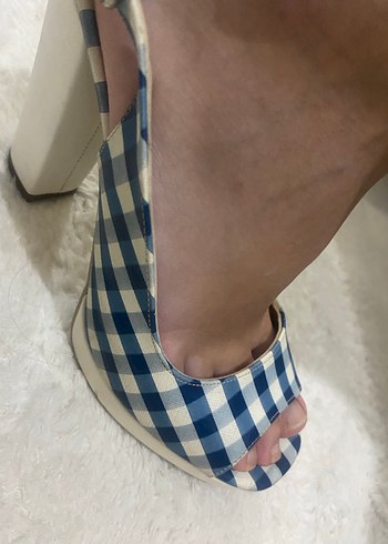 Mavi Kareli Platform Topuklu Kadın Ayakkabı - Görsel 4