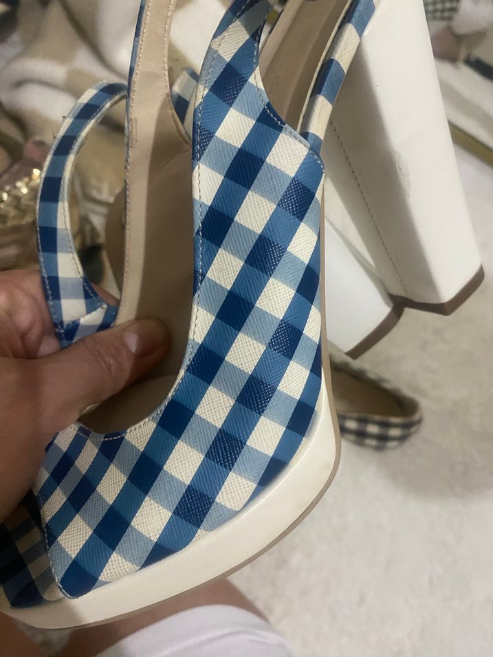 Mavi Kareli Platform Topuklu Kadın Ayakkabı - Görsel 5