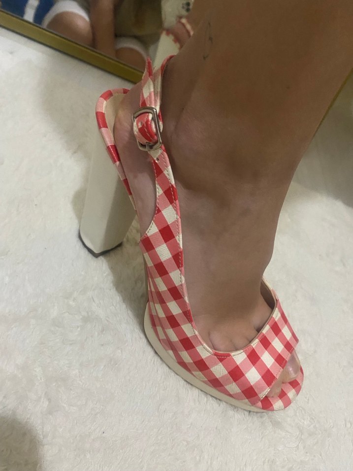 Beyaz kırmızı Kareli Stiletto Topuklu Kadın Ayakkabı - Görsel 2