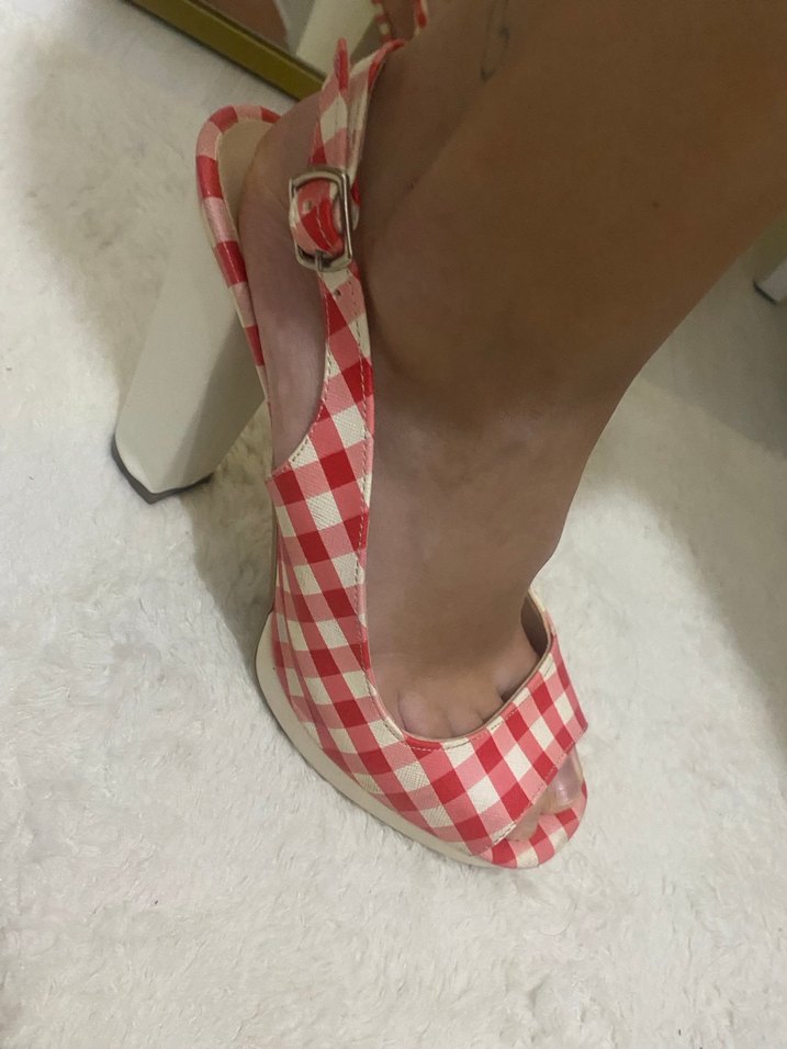 Beyaz kırmızı Kareli Stiletto Topuklu Kadın Ayakkabı - Görsel 3