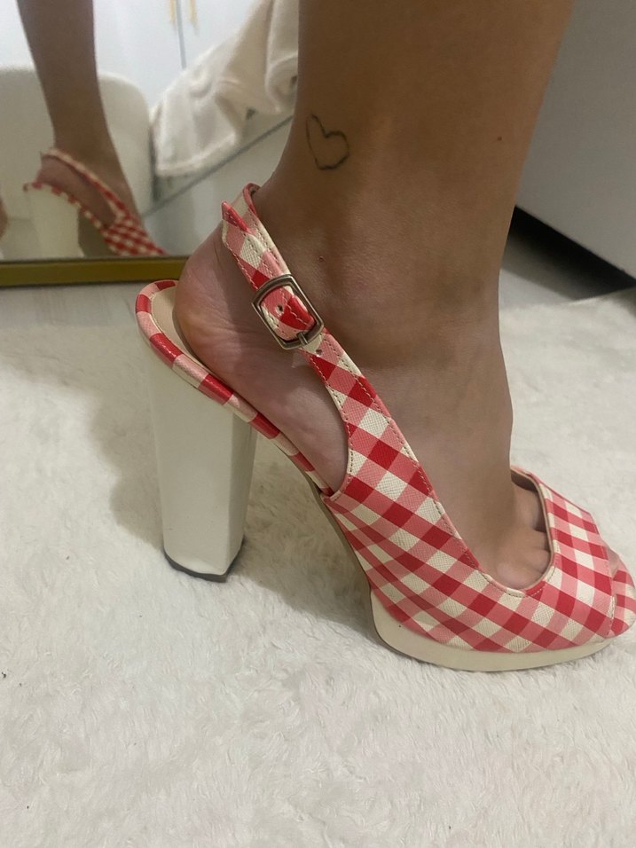 Beyaz kırmızı Kareli Stiletto Topuklu Kadın Ayakkabı - Görsel 5