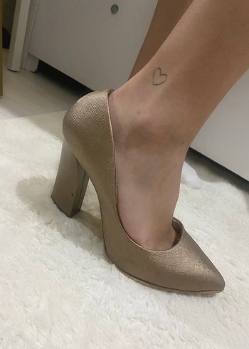 Bej altın Deri Stiletto Kadın Topuklu Ayakkabı - Görsel 4