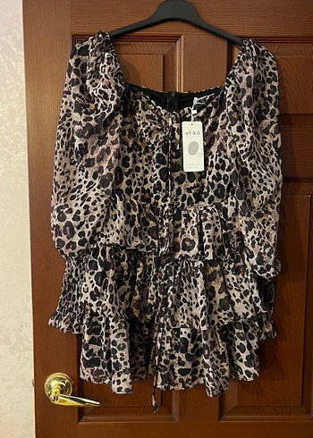 l Beden Kahverengi Leopar Desenli Mini Elbise
