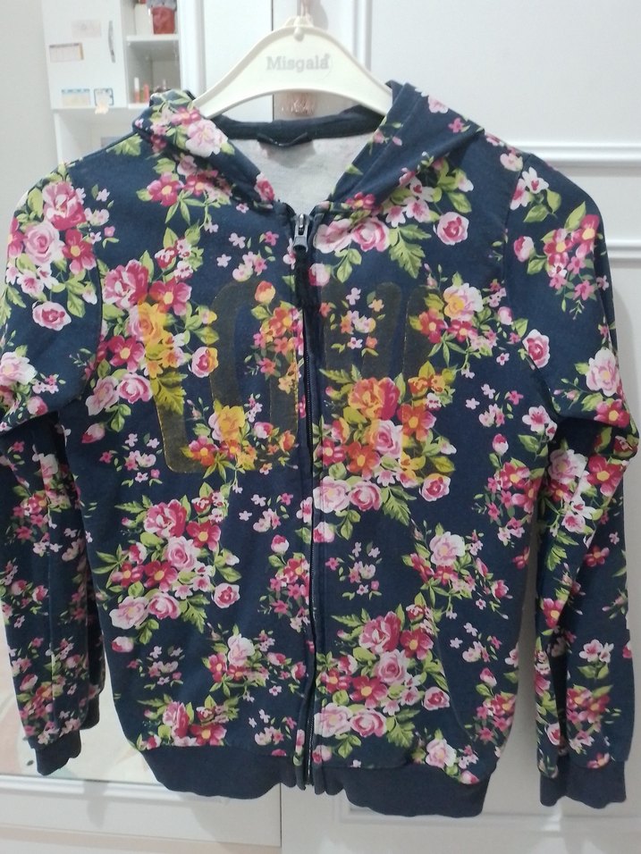 Çiçek Desenli Kapüşonlu Kız Sweatshirt - Görsel 2